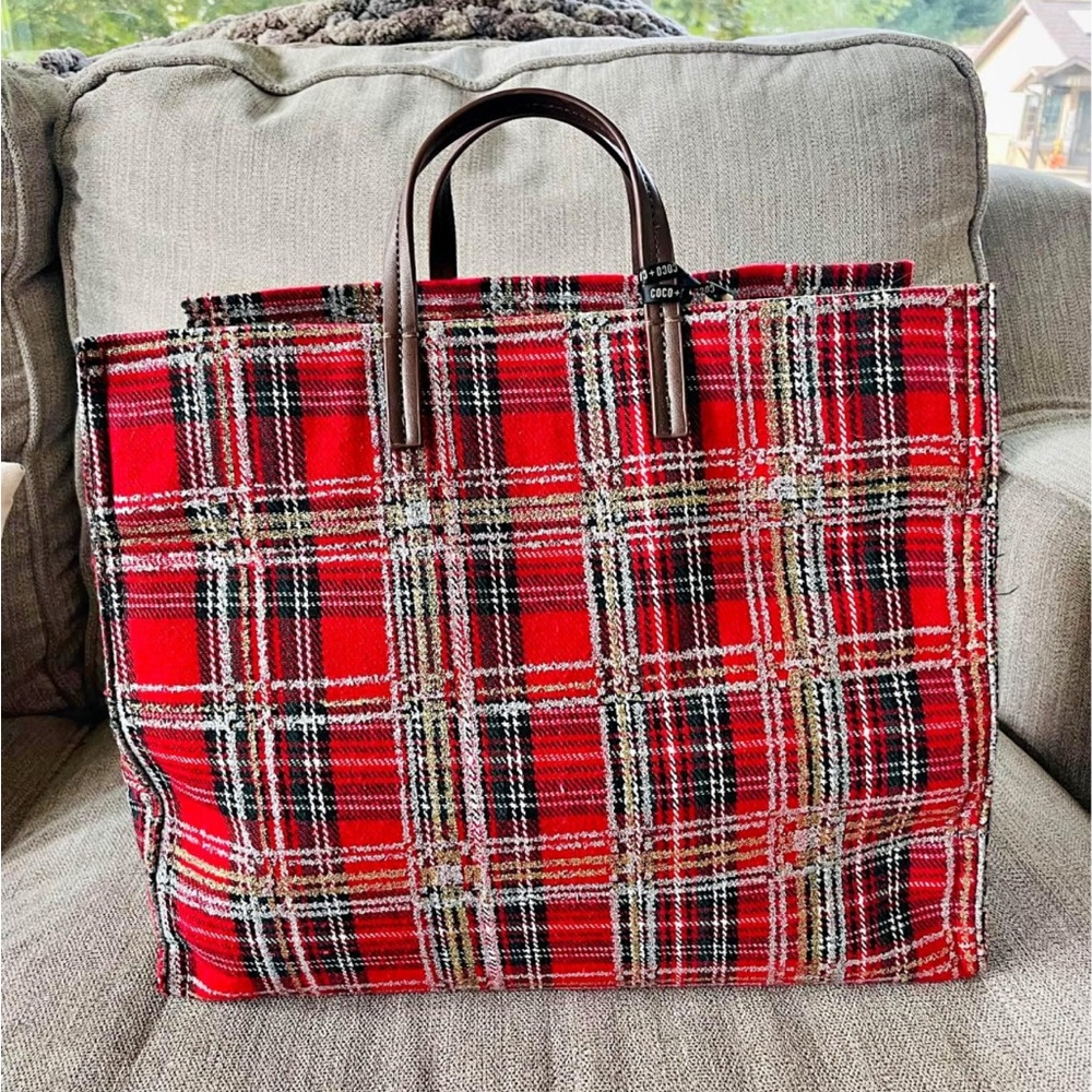 Coco + Carmen Red Plaid Tote Bag with Brown Handles